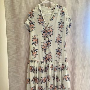 Veronica beard Meagan dress —white dress with orange/blue florals and drop waist